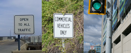 This is a collage of three photos showing signposts on South Boston Bypass Road. A sign on the first signpost says “open to all traffic.” The sign on the second signpost says “commercial vehicles only.” There had been a sign on the third signpost, but it has been removed.